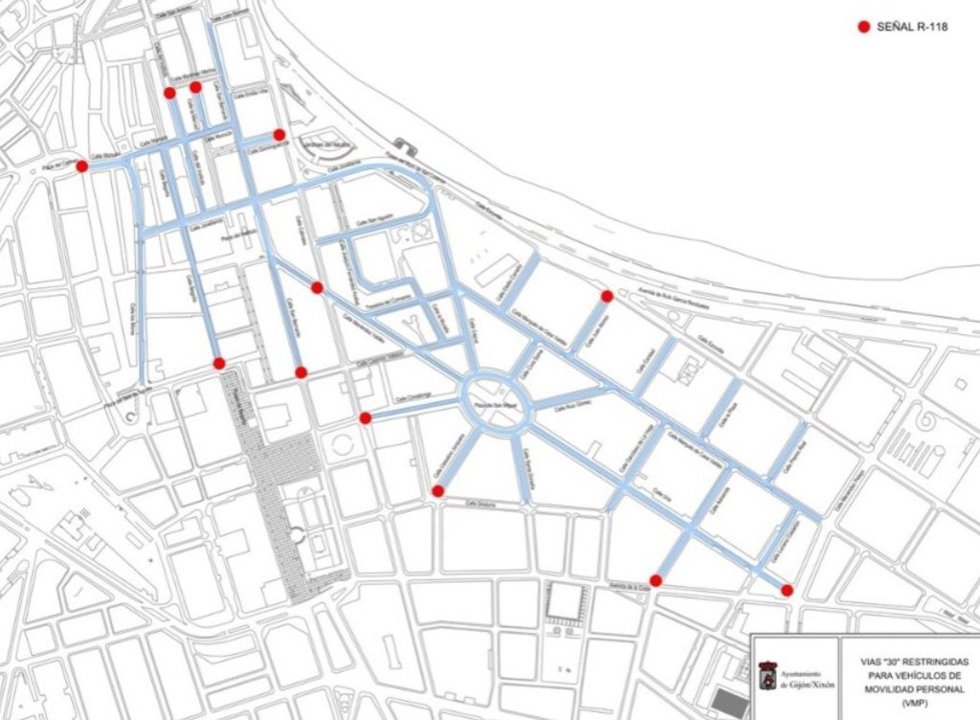 Mapa de calles donde el Ayuntamiento de Gijón prohíbe el uso del patinete eléctrico.