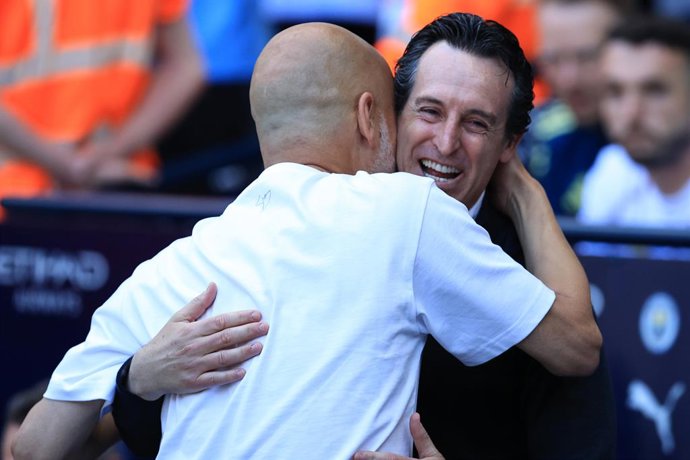 May 24, 2026, Manchester, Lancashire, England: 24th May 2026;  Etihad Stadium, Manchester, Lancashire, England; Premier League Football, Manchester City versus Aston Villa; Manchester City manager Pep Guardiola  greets Aston Villa manager Unai Emery