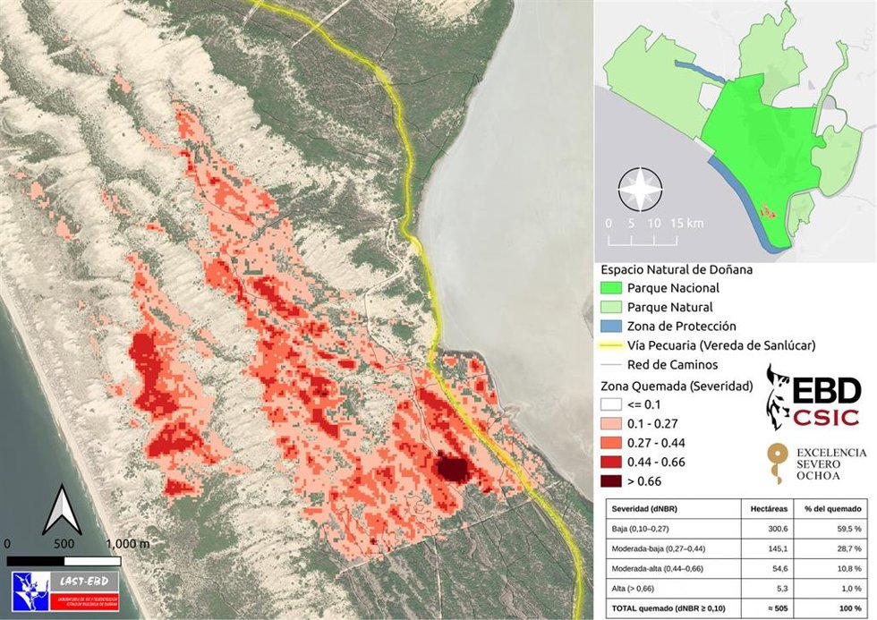 Mapa de severidad del incendio de Doñana.