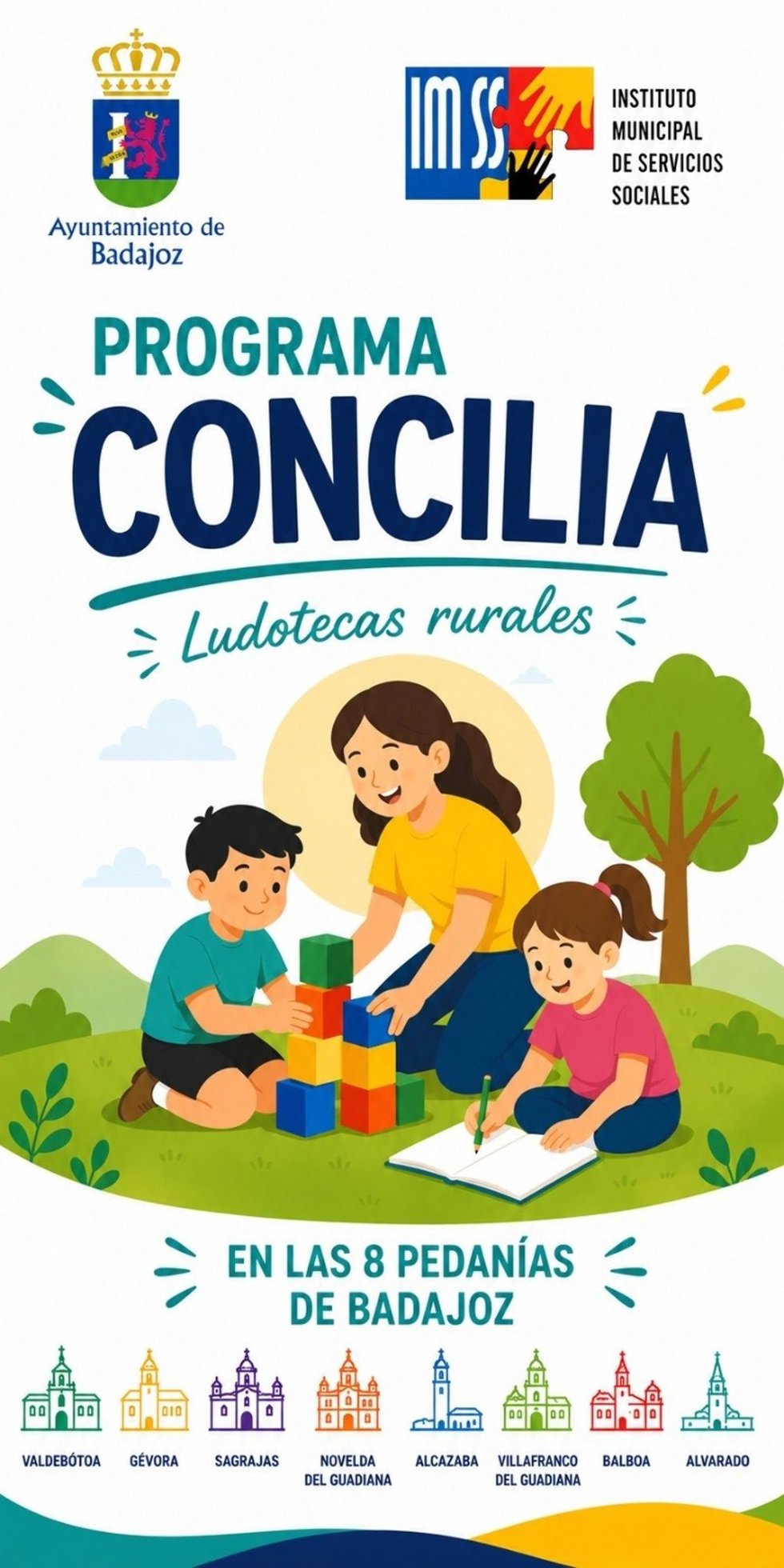 Cartel del programa 'Concilia-Extremadura 2026' de ludotecas rurales promovido por el Ayuntamiento de Badajoz.