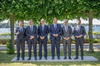 28 May 2026, Berlin: (L-R) Andrzej Domanski, Poland's Finance Minister; Giancarlo Giorgetti, Italy's Minister of Economy and Finance; Lars Klingbeil, Germany's Finance Minister; Roland Lescure, France's Finance Minister; Carlos Cuerpo, Spain's Minister of