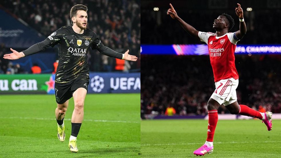 Montaje con Kvicha Kvaratskhelia (PSG) y Bukayo Saka (Arsenal).