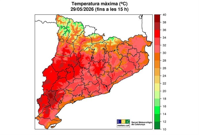Mapa de temperaturas en Catalunya a las 15 horas de este viernes.