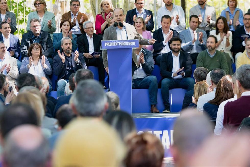 Archivo - El secretario general de Junts per Catalunya, Jordi Turull, interviene durante un acto de campaña de Junts, en el Théâtre de Verdure, a 20 de abril de 2024, en Amélie-les-Bains-Palalda (Francia). 
