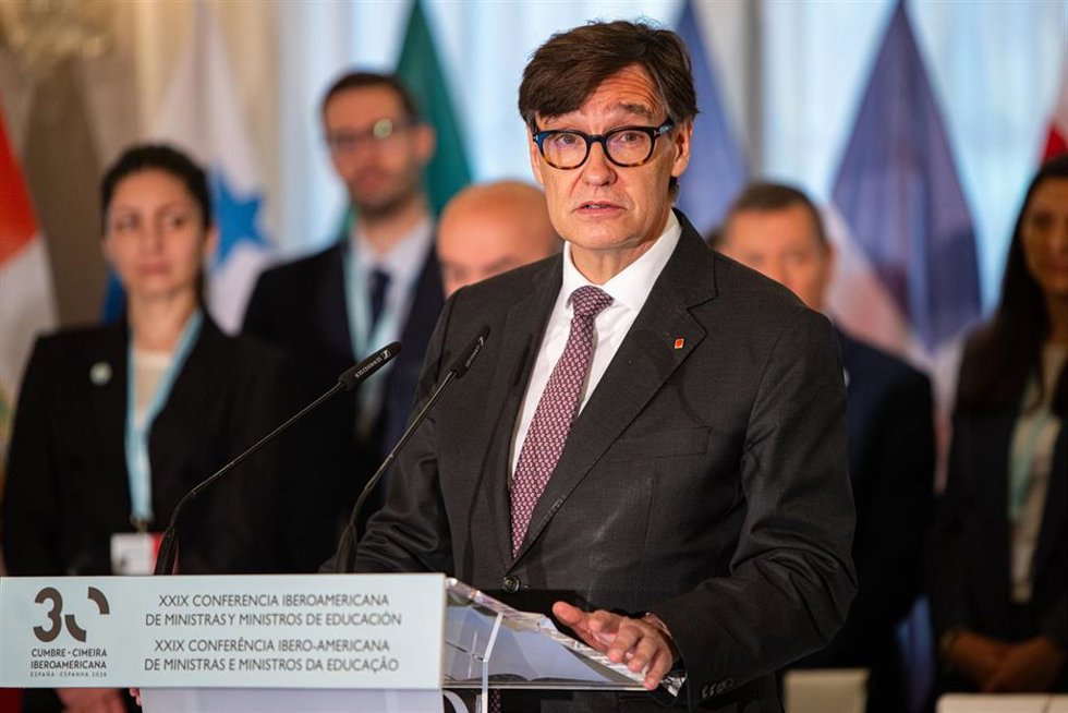 El presidente de la Generalitat, Salvador Illa, durante la XXIX Conferencia Iberoamericana de Ministros de Educación, en el Palau de Pedralbes, a 28 de mayo de 2026, en Barcelona, Catalunya (España).