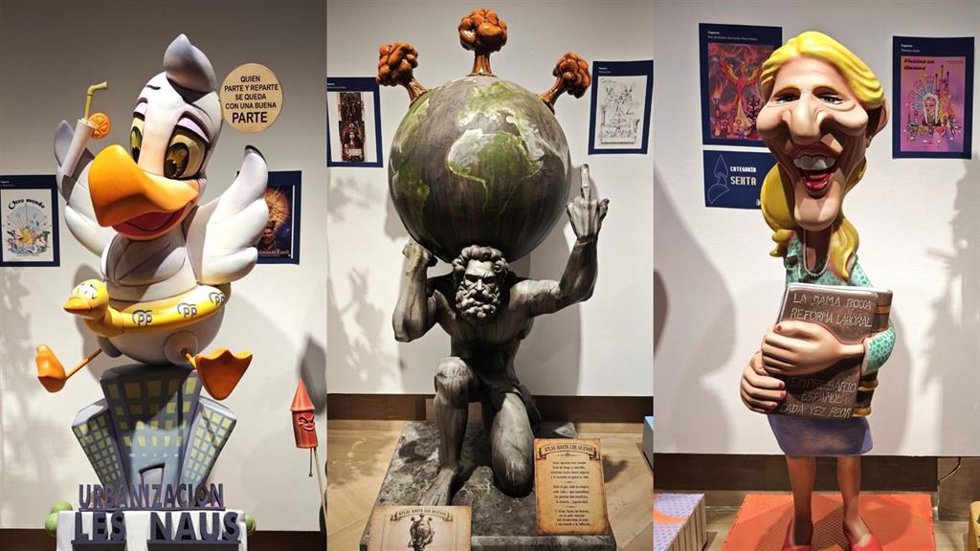 Algunas figuras de la Exposición del Ninot 2026 de Fogueres de Sant Joan, en la Lonja del Pescado de la ciudad de Alicante