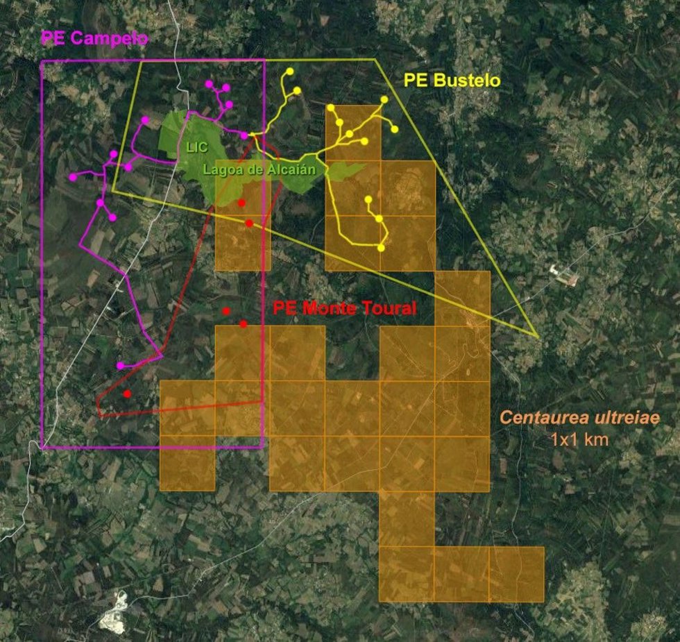 Mapa del terreno en el que se proyectan los parques eólicos de Campelo, Bustelo y Monte Toural, elaborado por Adega.