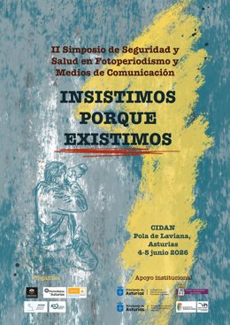 Cartel simposio de Seguridad y salud en fotoperiodismo en Asturias.