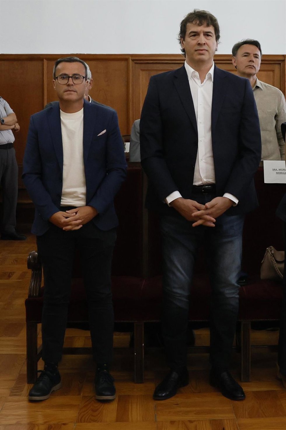 El hermano del presidente del gobierno David Sánchez y el exlíder del PSOE extremeño, Miguel Ángel Garrido, en el juicio el  pasado jueves en la Audiencia Provincial de Badajoz 