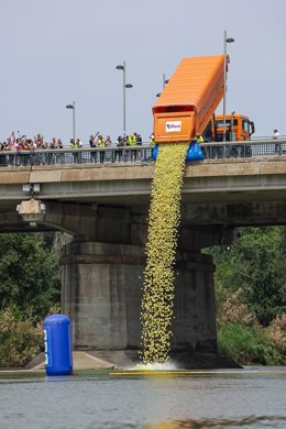 Volcado de patitos de goma en el río Ebro desde el Puente Santiago de Zaragoza este domingo con motivo de la II Estropatada.