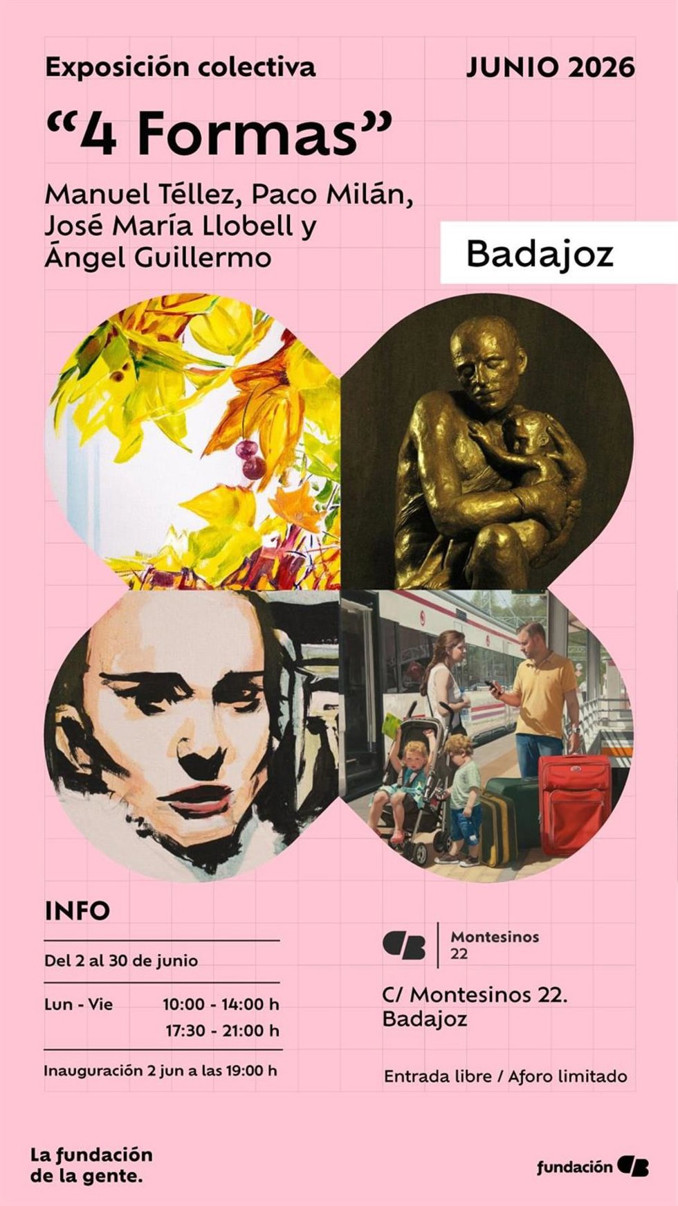 Cartel de la exposición '4 Formas' que se exhibe en la sala cultural pacense Montesinos 22, de la Fundación CB, del 2 al 30 de junio.