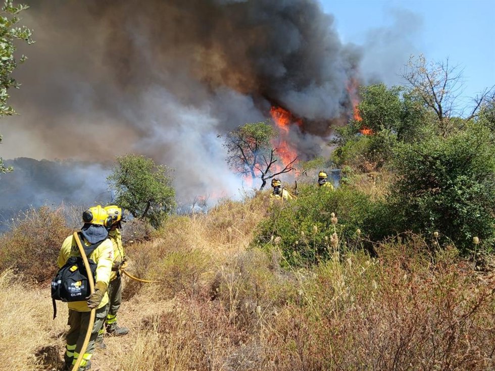Archivo - Efectivos del Plan Infoca tratando de extinguir un incendio producido en Villablanca (Huelva).