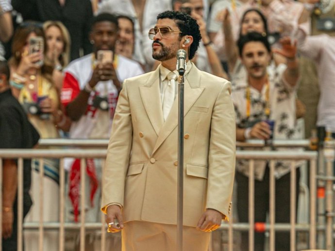 El cantante Bad Bunny actúa durante un concierto, en el Riyadh Air Metropolitano, a 30 de mayo de 2026, en Madrid (España)