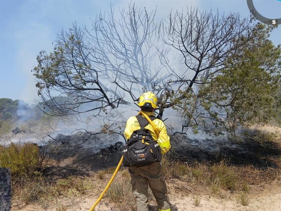 Bombero forestal trabajando para extinguir el incendio en Doñana.