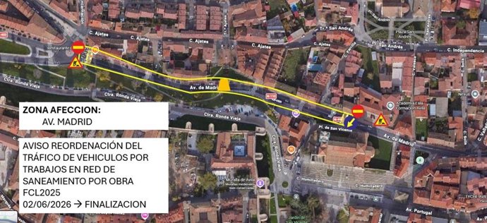 Mapa de la zona afectada por el corte en la avenida de Madrid de la capital abulense.
