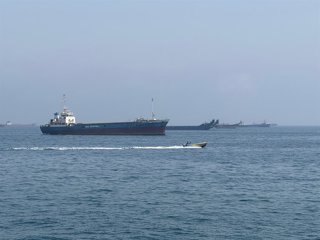 KHASAB, May 29, 2026  -- This photo taken with a mobile phone shows merchant vessels stranded in the waters of the Strait of Hormuz, near Khasab, a small town in northern Oman, May 29, 2026.,Image: 1106562687, License: Rights-managed, Restrictions: , Mode