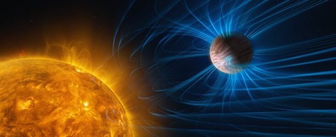 Reproducción artística de un exoplaneta con campo magnético