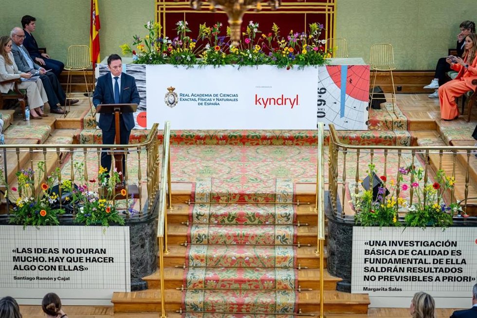 El presidente de Kyndryl España y Portugal, David Soto, durante la presentación de la publicación divulgativa 'Asombrosa', en la Real Academia de Ciencias Exactas, Físicas y Naturales de España (Madrid)