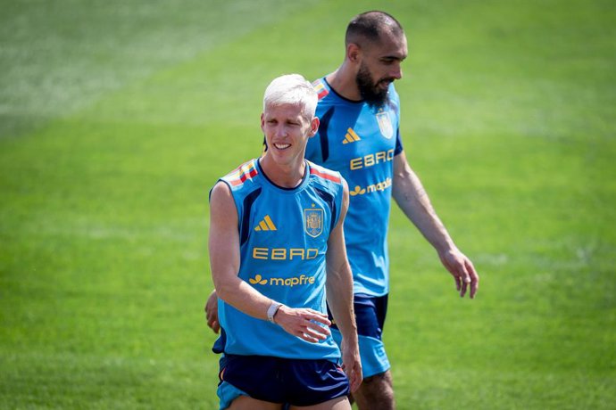 Dani Olmo and Borja Iglesias of Spain during the training session of the Spain National Football Team at the pre-FIFA World Cup training camp at the Football City (Ciudad del Futbol) on May 31, 2026, in Las Rozas, Spain.