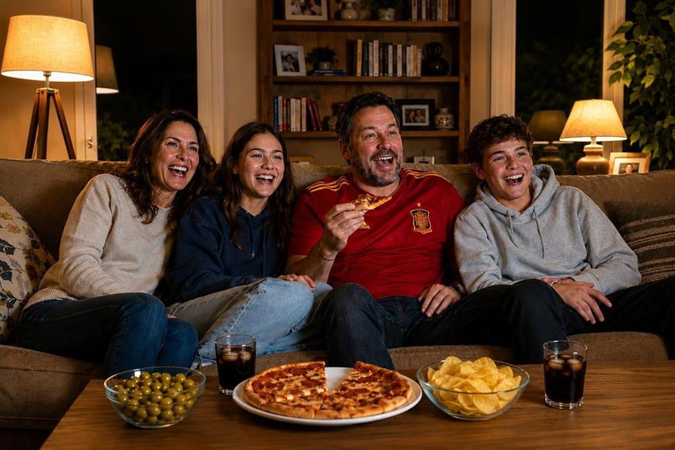 Personas viendo un partido de fútbol tras pedir 'delivery'