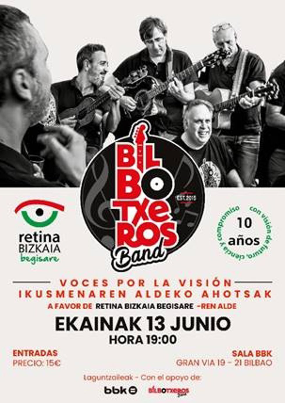 Cartel del concierto solidario de Bilbotxeros Band en Bilbao para recaudar fondos a favor de Retina Bizkaia Begisare.