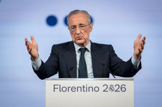 Florentino Perez attends during his presentation of his candidacy for the presidency of Real Madrid at the Melia Castilla Hotel on May 27, 2026, in Madrid, Spain.
