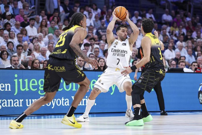 Kevin Yebo of La Laguna Tenerife, Facundo Campazzo of Real Madrid and Jaime Fernandez of La Laguna Tenerife in action during the Spanish League, Liga ACB Endesa, basketball Quarter Finals Game 1 match played between Real Madrid and La Laguna Tenerife at M