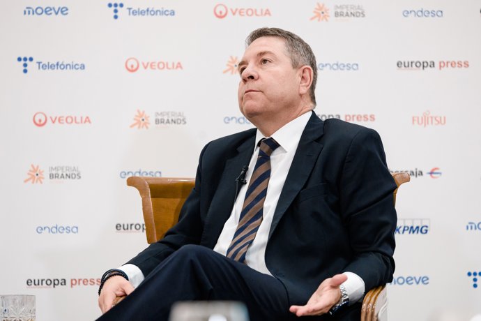 El presidente de Castilla La-Mancha, Emiliano García-Page, durante un desayuno informativo de Europa Press, en el Hotel InterContinental Madrid, a 3 de junio de 2026, en Madrid (España).