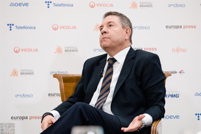 O presidente de Castela-La Mancha, Emiliano García-Page, durante um café da manhã informativo da Europa Press, no Hotel InterContinental Madrid, em 3 de junho de 2026, em Madri (Espanha).