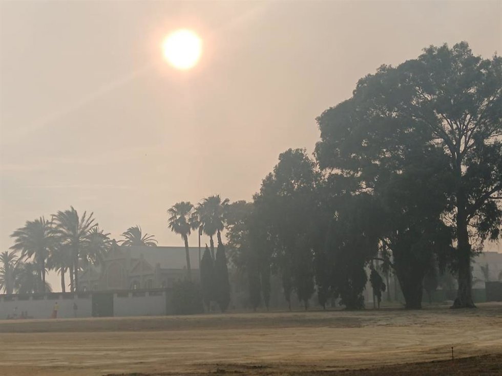Vista del parque de Zafra de Huelva con humo en el ambiente del incendio de Marismas del Burro.
