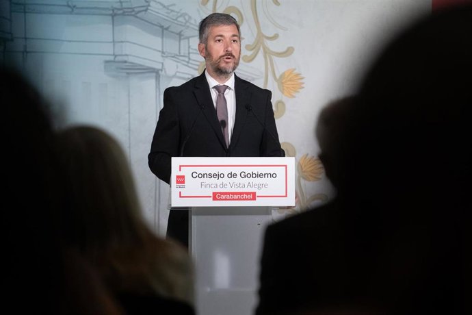 El consejero de Presidencia, Justicia y Administración Local, Miguel Ángel García, atiende a los medios al término de la reunión del Consejo de Gobierno, en la Finca Vista Alegre, a 3 de junio de 2026