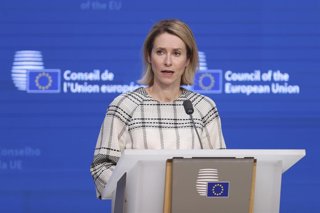 La Alta Representante de la Unión Europea para Política Exterior, Kaja Kallas en una rueda de prensa desde Bruselas tras una reunión del Consejo de Asuntos de Exteriores (CAE) de Defensa.