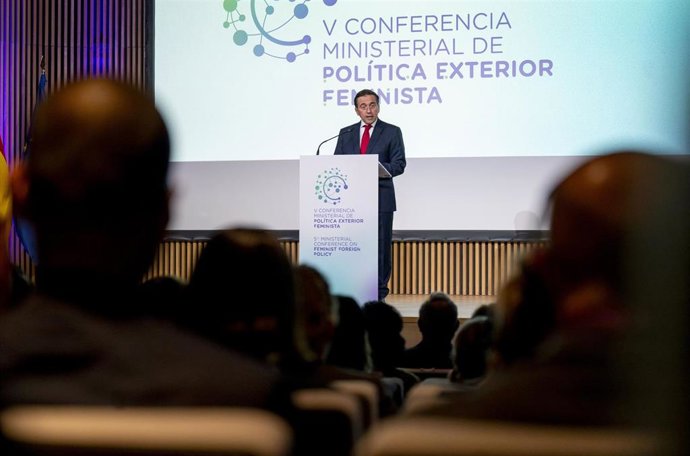 El ministro de Asuntos Exteriores, Unión Europea y Cooperación, José Manuel Albares, inaugura la V Conferencia Ministerial de Política Exterior Feminista, a 2 de junio de 2026, en Madrid (España)
