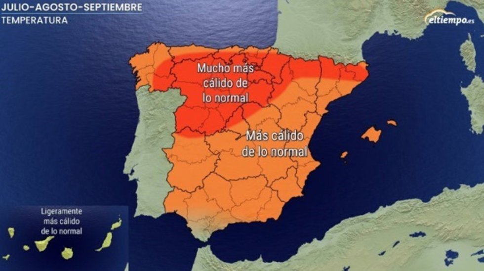 Anomalías de temperatura previstas para julio, agosto y septiembre en España.