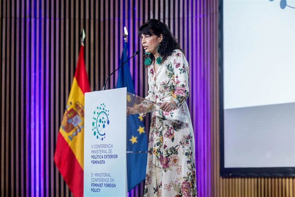 La ministra de Igualdad, Ana Redondo, interviene durante la celebración del acto de clausura de la V Conferencia Ministerial de Política Exterior Feminista, a 3 de junio de 2026, en Madrid (España). 
