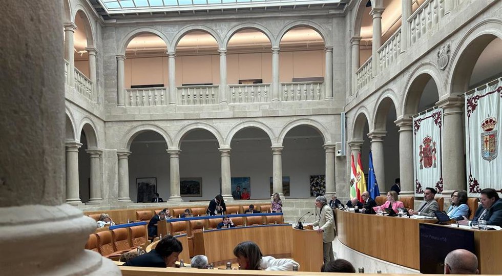 La diputada socialista Sara Orradre habla con la de IU Henar Moreno mientras interviene el diputado de IU Carlos Ollero