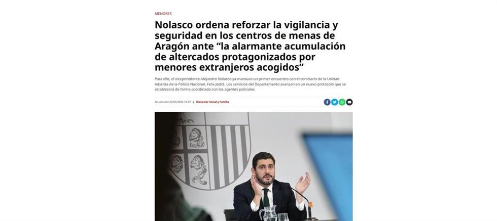 Una de las notas de prensa del Departamento de Desregulación, Bienestar Social y Familia del Gobierno de Aragón en cuestión por usar el término 'mena' y vincular "migración, inseguridad y conflictividad".