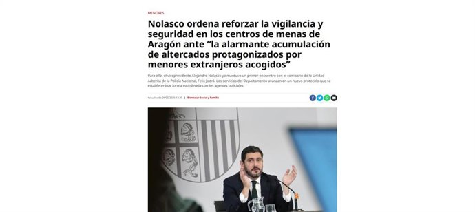 Una de las notas de prensa del Departamento de Desregulación, Bienestar Social y Familia del Gobierno de Aragón en cuestión por usar el término 'mena' y vincular "migración, inseguridad y conflictividad".