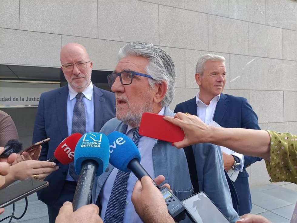 El abogado Pablo Luna, defensor del exvicepresidente de la Diputación Óscar Liria, atiende a los medios a su salida de los juzgados de Almería.