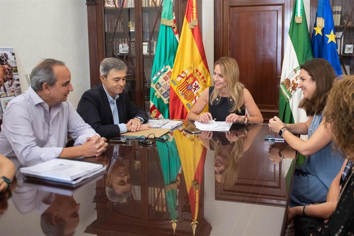 La presidenta de la Diputación, Almudena Martínez del Junco, con el alcalde de Algodonales, Ángel Acuña, y el gerente de Upace-Jerez, Rafael Márquez, reunidos en Diputación.