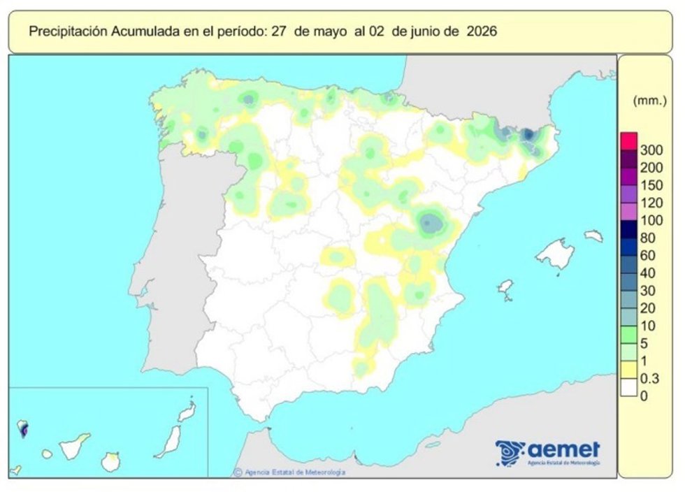 España registra 599 l/m2 de lluvias acumuladas desde el 1 de octubre, un 15% más de lo normal.