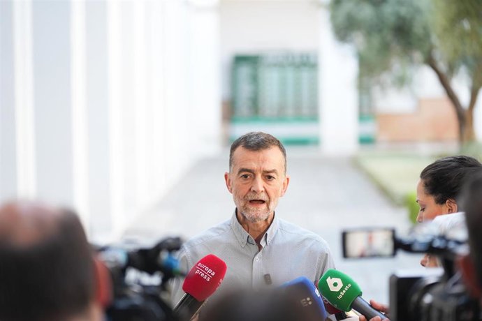 El coordinador federal de IU, Antonio Maíllo, atiende a los medios en el Parlamento andaluz.