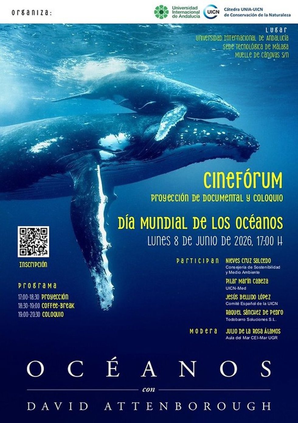 Cartel de la proyección del documental Océanos en la Sede Tecnológica de Málaga