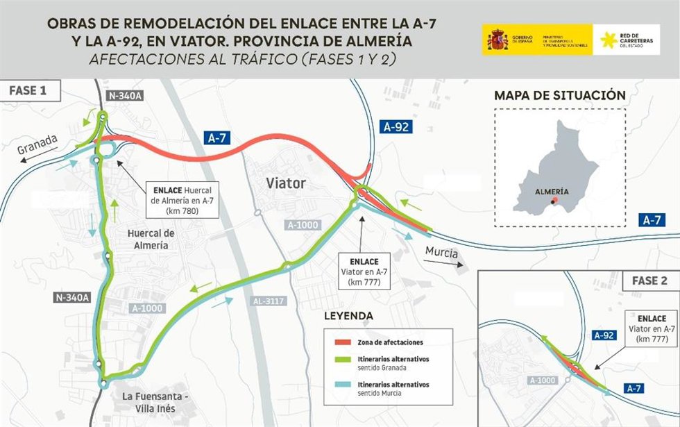 Plano de los cortes y desvíos previstos en las dos primeras fases de las obras del enlace entre la A-7 y la A-92 en Viator (Almería).
