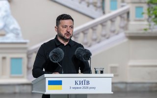June 3, 2026, Kyiv, Ukraine: Ukrainian President Volodymyr Zelenskyy speaks during a joint press conference with NATO Secretary General Mark Rutte, who arrived in the capital on an official visit, following their meeting near Mariinskyi Palace, Kyiv, Ukra