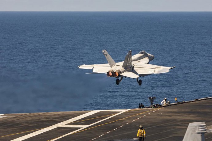 May 12, 2026, Mediterranean Sea, International Waters: A U.S. Navy F/A-18E Super Hornet fighter aircraft, attached to the Ragin' Bulls of Strike Fighter Squadron 37, climbs out after launching off the flight deck of the Ford-class aircraft carrier USS Ger