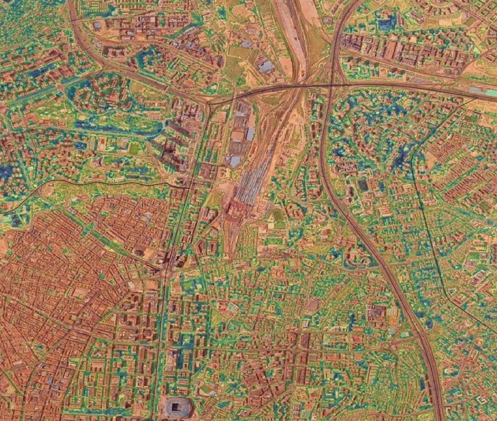 El efecto isla de calor en el entorno de la estación de Chamartín, en Madrid, visto en uno de los productos elaborados por el Laboratorio de Sistemas (LABSIS) de la Universidade de Santiago de Compostela (USC).