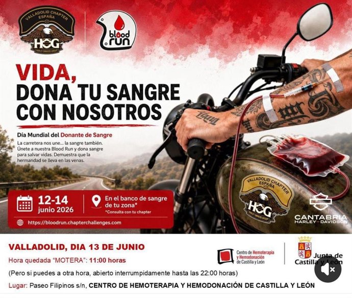 Cartel del llamamiento del club de propietarios de Harley Davidson en Valladolid para donar sangre en el marco de la iniciativa internacional 'Bllod Run 2026'.