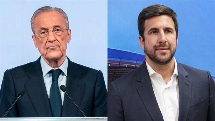 El presidente del Real Madrid y candidato a la reeleción, Florentino Pérez (izq), y el otro candidato, Enrique Riquelme.