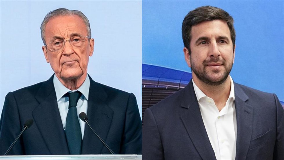 El presidente del Real Madrid y candidato a la reeleción, Florentino Pérez (izq), y el otro candidato, Enrique Riquelme.